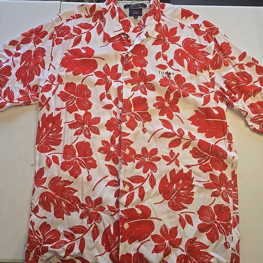 Tommy Jeans Brand Vintage Hawaiian Shirt Red White Floral Button Up‎ Sz Medium M